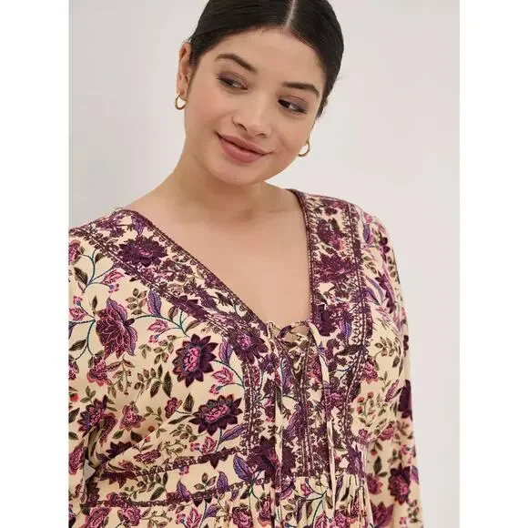 Torrid Babydoll Rayon Crepe Embroidered Lace Up Top Floral Womens Plus Size 2 2X - Picture 5 of 13